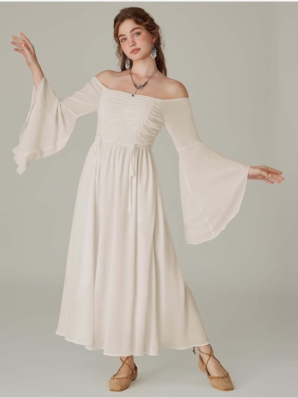 SCARLET DARKNESS Women’s Size XL White Bell Sleeve Off-The-Shoulder Maxi Dress